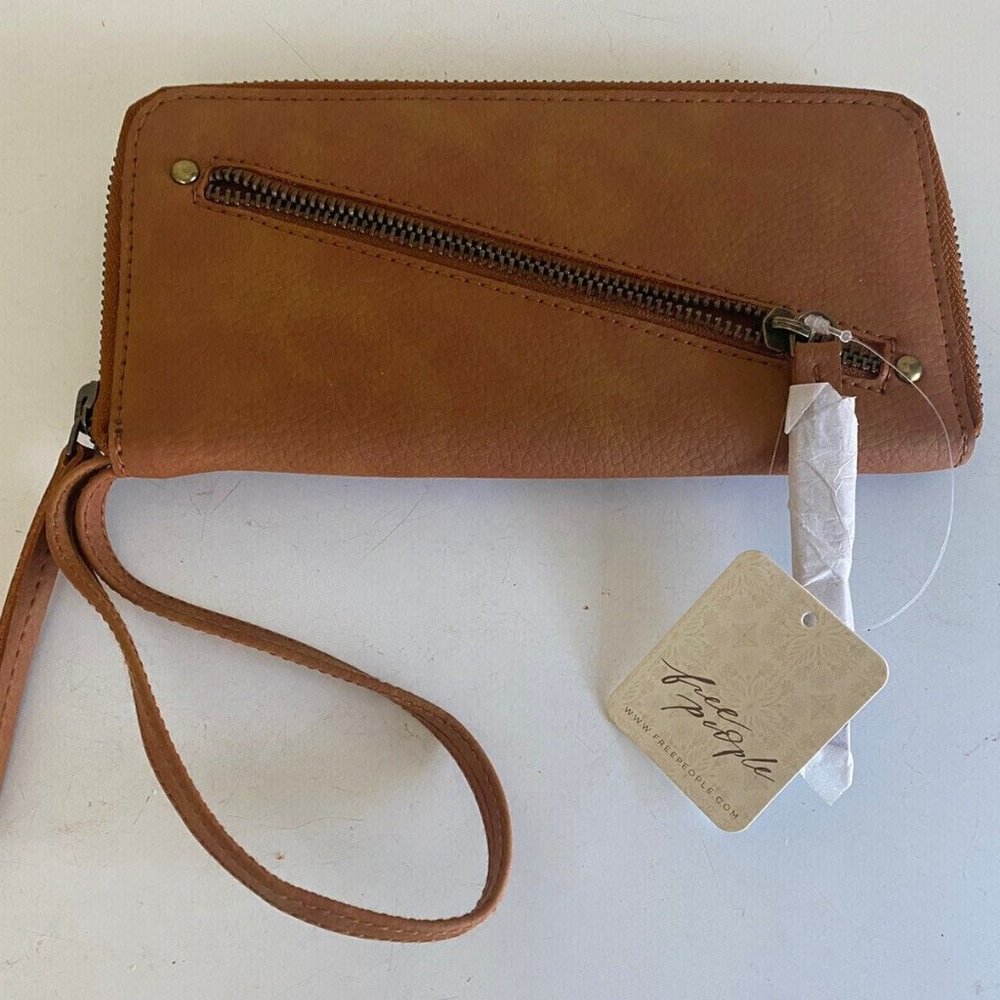 Free People Wallet Brown Distressed Vegan Wristlet Strap Zip Closer Clutch